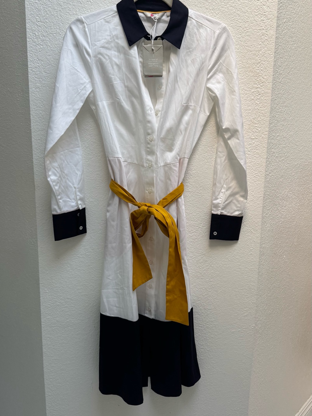 Boden White Long Sleeve Shirt Dress With Black Trim And Mustard Belt